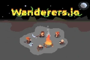 Pixelkonstbild med fem figurer som sitter runt en lägereld under en natt med fullmåne