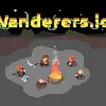 Pixelkonstbild med fem figurer som sitter runt en lägereld under en natt med fullmåne