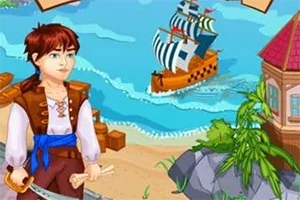 En tecknad karaktär i piratkläder står vid en strand med ett segelfartyg i bakgrunden