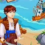 En tecknad karaktär i piratkläder står vid en strand med ett segelfartyg i bakgrunden