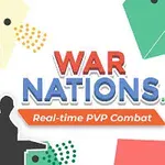Silhuett av en person vid en talarstol med färgglada geometriska former och texten WAR NATIONS