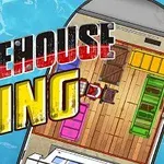 En färgglad top-down-vy av ett magasininre med texten Warehouse King och vatten runtomkring