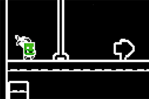 Ett pixelerat spel med en karaktär med grön fyrkantigt ansikte som går på en svartvit plattform med en pil till höger