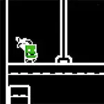 Ett pixelerat spel med en karaktär med grön fyrkantigt ansikte som går på en svartvit plattform med en pil till höger