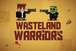 En pixlad illustration med två figurer som pekar vapen mot varandra och texten Wasteland Warriors