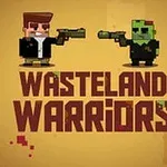 En pixlad illustration med två figurer som pekar vapen mot varandra och texten Wasteland Warriors