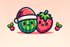 En söt tecknad vattenmelon med tomteluva och en jordgubbe med ansikten mot en ljus bakgrund