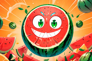 Tecknad vattenmelon med ansikte och uttrycksfulla ögon, omgiven av andra vattenmeloner och skivor, mot en orange bakgrund