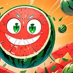 Tecknad vattenmelon med ansikte och uttrycksfulla ögon, omgiven av andra vattenmeloner och skivor, mot en orange bakgrund