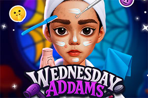 Tecknad flicka med ansiktsmask och behandlingstillbehör runt sig, med texten Wednesday Addams i förgrunden