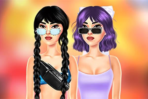Två tecknade kvinnor med solglasögon, en med svarta flätor och svart topp med midjeväska och en med lila bobfrisyr och lila linne, mot en varm suddig bakgrund