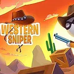 En tecknad figur med cowboyhatt och gevär står i en ökenmiljö med kaktusar och lådor, i solnedgången