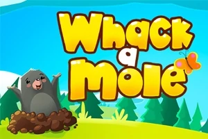 En tecknad mullvad sticker upp ur marken framför en blå himmel och gröna träd, med texten Whack a Mole i stora, gula bokstäver och en färgglad fjäril bredvid