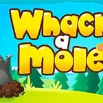 En tecknad mullvad sticker upp ur marken framför en blå himmel och gröna träd, med texten Whack a Mole i stora, gula bokstäver och en färgglad fjäril bredvid