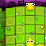 Grön rutnät med färgglada blommor och två tecknade djur med stora ögon