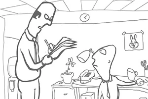 Whack Your Boss TvÄ tecknade personer i ett kontor, en stÄr och skriver, medan den andra sitter vid ett skrivbord med olika föremÄl som en telefon, en vÀxt och en lampa