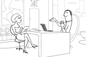 Whack Your PC En tecknad bild av tvÄ personer i ett kontor dÀr en kvinna sitter framför en man vid ett skrivbord med en dator