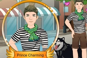 En tecknad man i randig tröja och grön scarf står framför en hund och husfasader, med texten Prince Charming nedanför