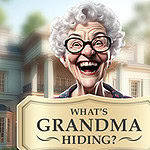 En leende äldre kvinna med glasögon framför ett stort hus med texten What’s Grandma Hiding?