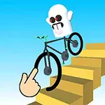 En tecknad figur med ett spökliknande ansikte cyklar på gula trappsteg i skyn, och en hand pekar på cykelhjulet