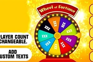 Ett färgglatt lyckohjul med text som säger Wheel of Fortune på en gul bakgrund med alternativ för att ändra spelarantal och lägga till anpassade texter