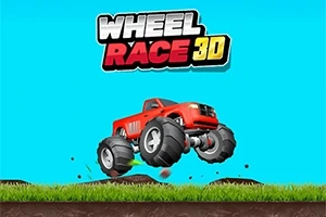 Röd monstertruck hoppar över gräs med texten Wheel Race 3D i bakgrunden