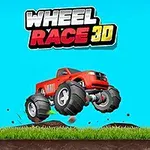 Röd monstertruck hoppar över gräs med texten Wheel Race 3D i bakgrunden