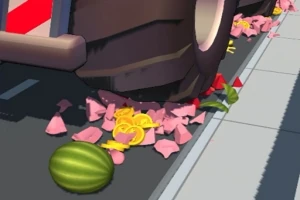 Ett stort fordonshjul krossar vattenmelon och fruktbitar på en gata intill trottoaren