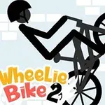 En stiliserad figur med hjälm gör en bakhjulsåkning på en cykel mot en vit tegelbakgrund, med texten Wheelie Bike 2