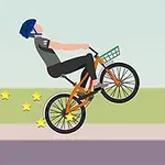 En person med blå hjälm cyklar på bakhjulet på en orange cykel medan stjärnor syns i bakgrunden