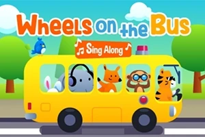 Tecknad bild av en gul buss med djur, inklusive en elefant med hörlurar, en räv, en apa och en tiger, omgiven av träd och moln