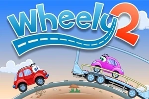 Två tecknade bilar, en röd och en rosa, på en rundad väg med texten Wheely 2 ovanför