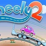 Två tecknade bilar, en röd och en rosa, på en rundad väg med texten Wheely 2 ovanför