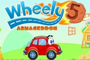 En röd tecknad bil med ögon framför en väderkvarn och ett brinnande meteorformad femma i bakgrunden med texten Wheely 5 Armageddon