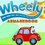 En röd tecknad bil med ögon framför en väderkvarn och ett brinnande meteorformad femma i bakgrunden med texten Wheely 5 Armageddon