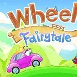 Två animerade bilar, en rosa och en röd klädd som riddare, på en grön bakgrund med texten Wheely 6 Fairytale ovanför