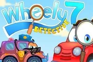 Två tecknade bilar med mänskliga drag, en röd bil med förstoringsglas och en polisbil med solglasögon, samt texten Wheely 7 Detective i bakgrunden mot en blå himmel