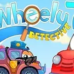 Två tecknade bilar med mänskliga drag, en röd bil med förstoringsglas och en polisbil med solglasögon, samt texten Wheely 7 Detective i bakgrunden mot en blå himmel
