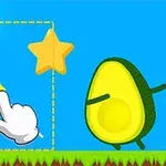 En glad gul boll, en stjärna och en halverad avocado med ben mot en blå bakgrund, samt en vit hand som ritar en gul linje