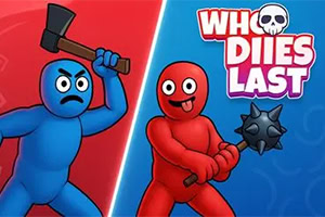 Who Dies Last TvÄ tecknade figurer, en blÄ med en yxa och en röd med en klubba, stÄr mot varandra pÄ en delad röd och blÄ bakgrund