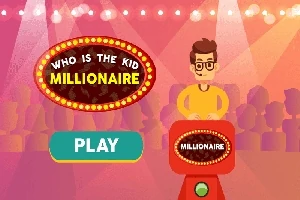 En tecknad person står vid ett podium med texten Millionaire omgiven av ljusstrålkastare och publik, med texten Who is the kid millionaire ovanför och en Play-knapp synlig