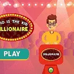 En tecknad person står vid ett podium med texten Millionaire omgiven av ljusstrålkastare och publik, med texten Who is the kid millionaire ovanför och en Play-knapp synlig
