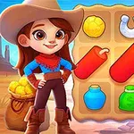 Kvinnlig cowgirl med hatt står bredvid ett spelbräde med färgglada objekt och en stor siffra två