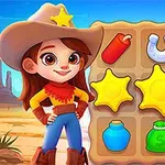 Tecknad cowgirl i cowboyhatt framför ett rutnät med symboler som sheriffstjärnor och hästskor