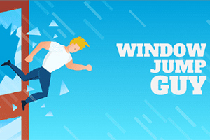 En tecknad man med blont hår hoppar genom ett krossat fönster mot en blå bakgrund, med texten Window Jump Guy bredvid