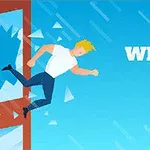 En tecknad man med blont hår hoppar genom ett krossat fönster mot en blå bakgrund, med texten Window Jump Guy bredvid