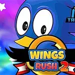 Tecknad blå fågel med stora ögon, en guldfärgad ring, och texten Wings Rush 2 mot en färgglad bakgrund med stjärnor, tillsammans med logotypen TapTapKing