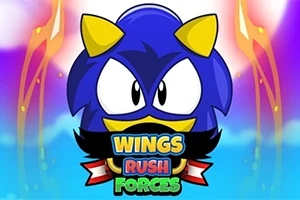 Blå tecknad figur med gula horn och texten WINGS RUSH FORCES mot en färgglad bakgrund