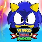 Blå tecknad figur med gula horn och texten WINGS RUSH FORCES mot en färgglad bakgrund