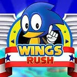Tecknad blå fågel med vingar och en röd-vit banderoll med texten Wings Rush